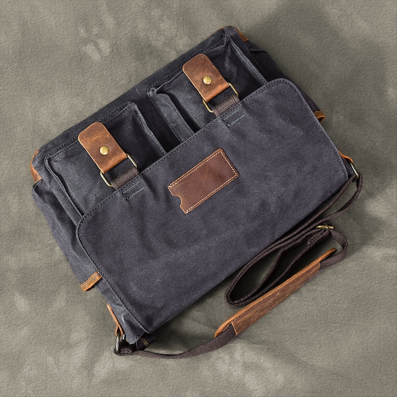 Handgemaakte koerierstas van gewaxt canvas, 14-inch laptoptas, gepersonaliseerd Vaderdagcadeau, crossbodytas, schoudertas, waterdichte aktetas, herencadeau Grey