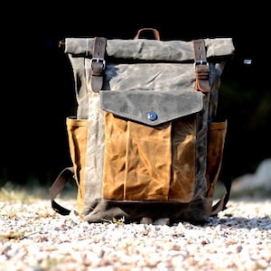 Waxed Canvas Backpack, Roll Top Backpack, Handmade Laptop Rucksack, Adventure Hiking Backpack, Personalized Gift, Gift For Him, Father Gift