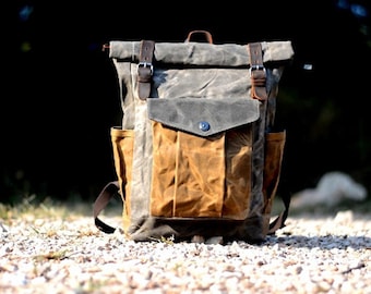Waxed Canvas Backpack, Roll Top Backpack, Handmade Laptop Rucksack, Adventure Hiking Backpack, Personalized Gift, Gift For Him, Father Gift