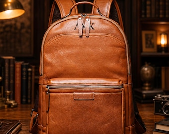 Personalized Leather Backpack: Handmade Full Grain 16" Travel Laptop Bag, Vintage Brown