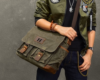 Brown Canvas Messenger Bag Shoulder Crossbody Gear Satchel Multi Pocket Men Gift 