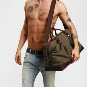 Personalized Leather Canvas Duffle Bag, Groomsmen Weekender Bag, Overnight Bag, Holdall Luggage Bag,Father's Gift,Carry-on Bag,Gifts for Him Army Green