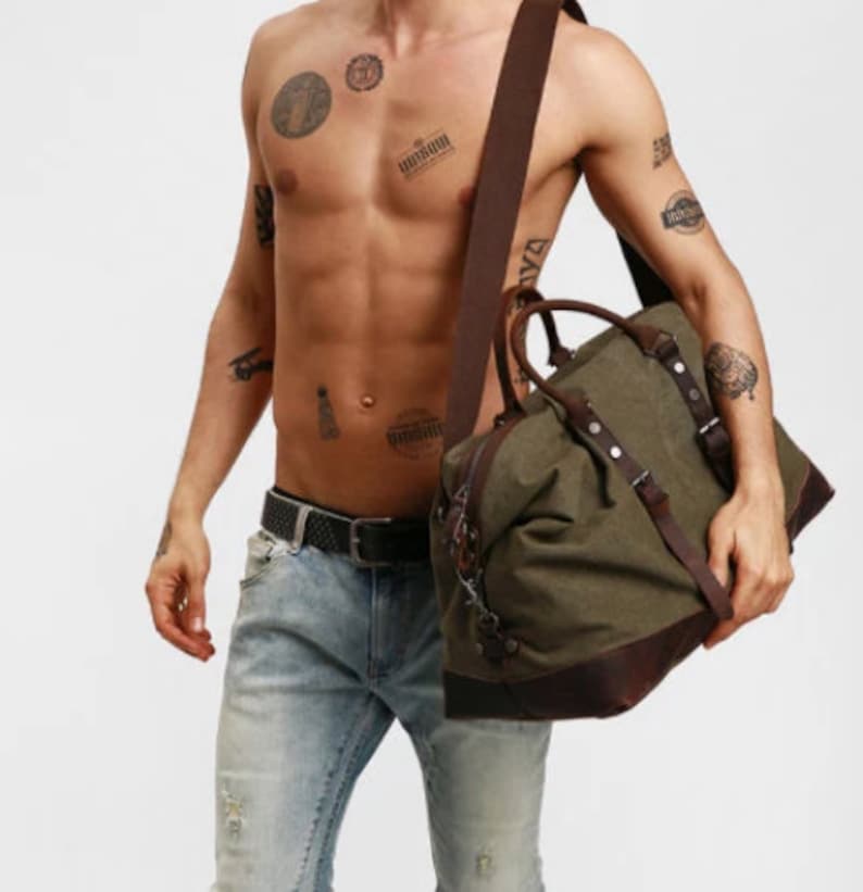 Personalized Leather Canvas Duffle Bag, Groomsmen Weekender Bag, Overnight Bag, Holdall Luggage Bag,Father's Gift,Carry-on Bag,Gifts for Him Army Green