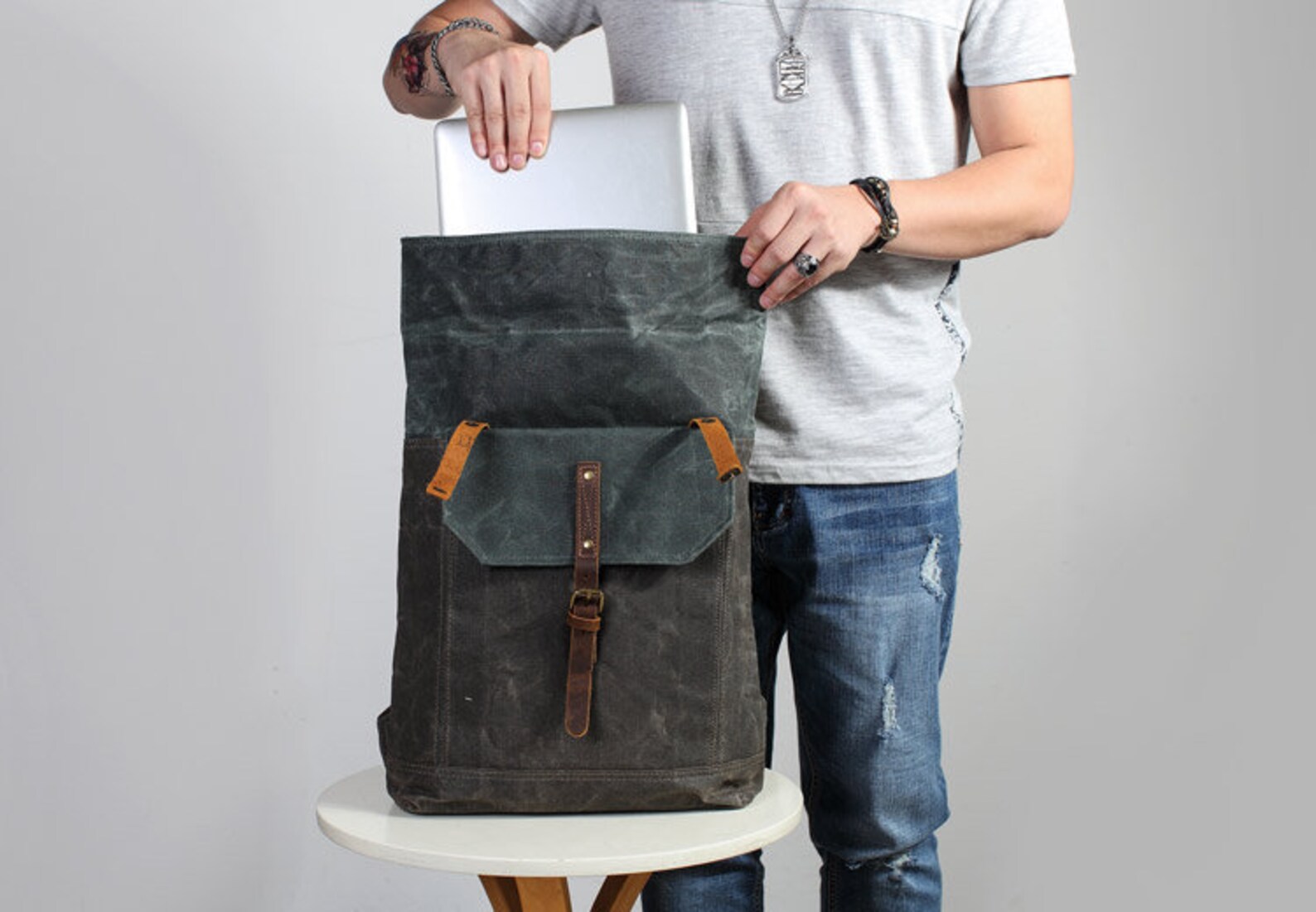 Roll Top Waxed Canvas Backpack Handmade 14 Laptop Etsy