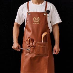 Personalized Faux Leather Apron, Custom Birthday Gift for Him, Bartender's Apron,Engraved Apron for Cooking,Barbeque Apron, Men's Chef Apron