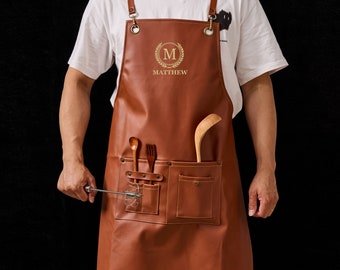 Personalized Faux Leather Apron, Custom Birthday Gift for Him, Bartender&#39;s Apron,Engraved Apron for Cooking,Barbeque Apron, Men&#39;s Chef Apron