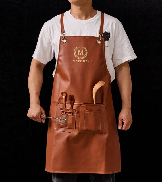Personalized Faux Leather Apron, Custom Birthday Gift for Him, Bartender's Apron,Engraved Apron for Cooking,Barbeque Apron, Men's Chef Apron