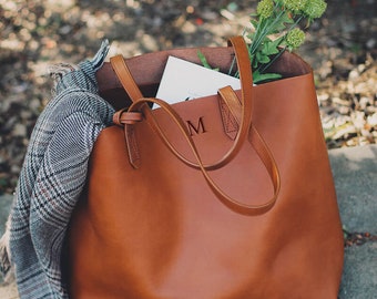 Personalized Leather Tote Bag, Monogrammed Women's Handbag