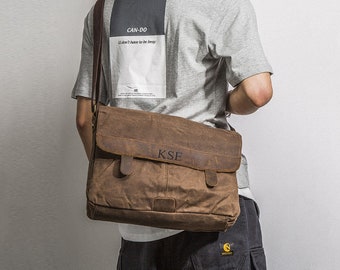 Messengertas van gewaxt canvas, gepersonaliseerde crossbodytas, canvas laptoptas, grote aktetas, kerstcadeau, reistas voor heren, herentas