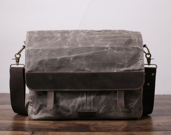 Handgemaakte koerierstas van gewaxt canvas, gepersonaliseerde crossbodytas, aangepaste laptoptas, extra grote aktetas, jubileumcadeau, reistas heren