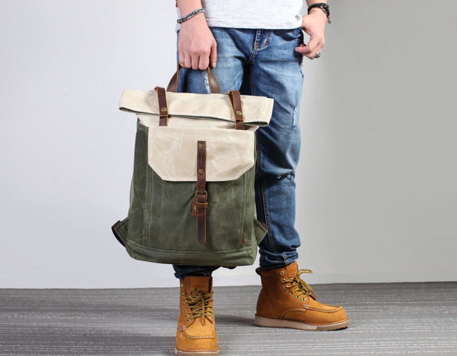 Roll Top Waxed Canvas Backpack Handmade 14 Laptop Etsy