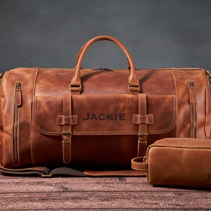 Personalized Groomsmen Gift Set Bag, Full Grain Leather Duffel Bag with Toiletry Bag, Luggage Bag, Mens Carry-on Overnight, Christmas Gifts