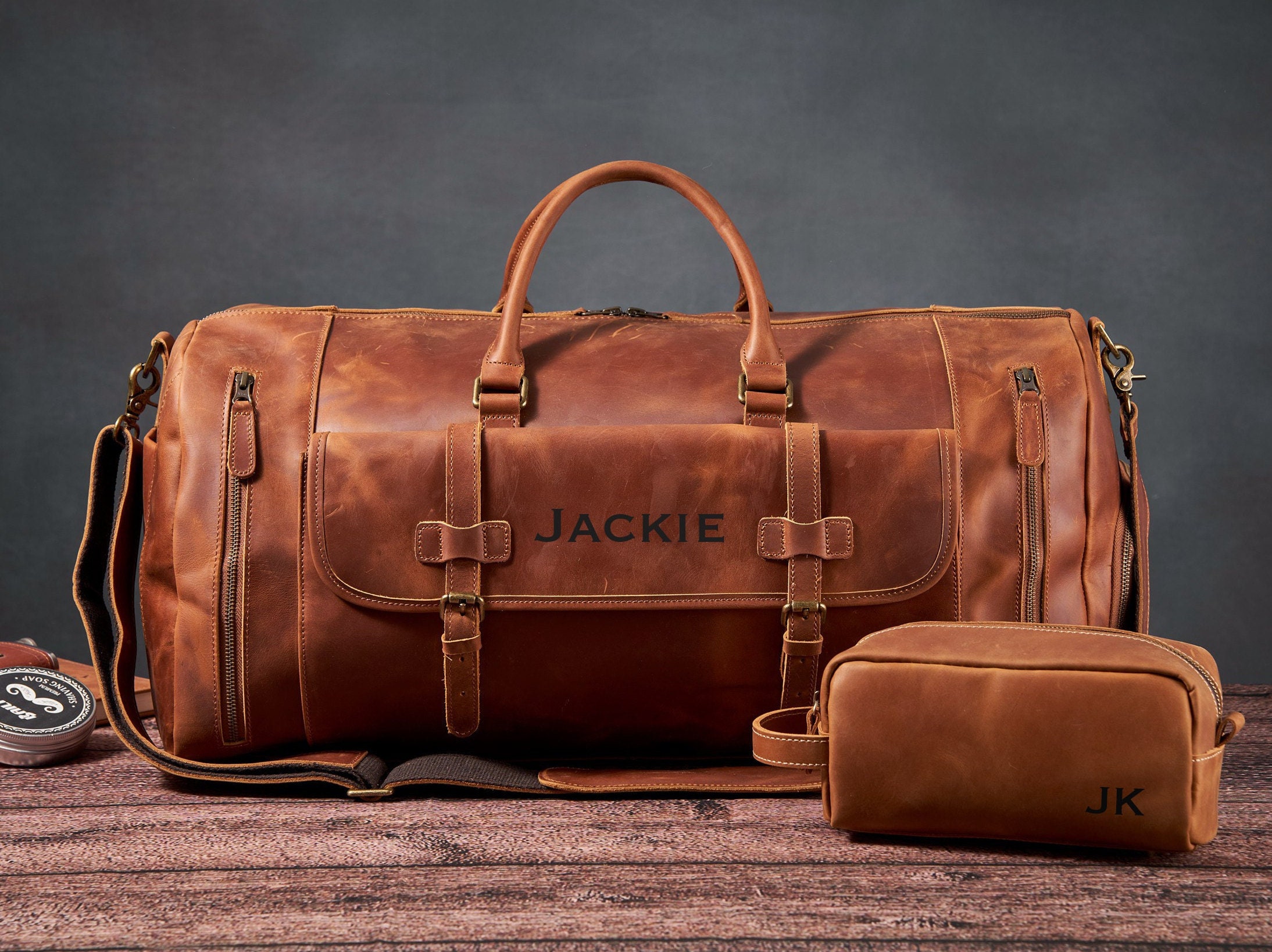 Personalized Groomsmen Gift Set Bag, Full Grain Leather Duffel Bag with Toiletry Bag, Luggage Bag, Mens Carry-on Overnight, Christmas Gifts