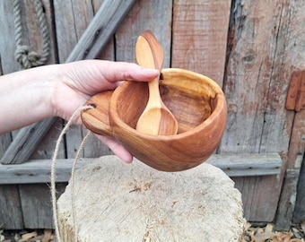 Bushcraft kuksa bowl Fruit wood hand carved wooden cup Scandinavian mug