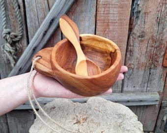 Bushcraft kuksa bowl Fruit wood hand carved wooden cup Scandinavian mug
