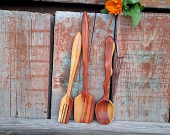 Handmade wooden kitchen utensil cutlery set For non-stick cookware Camping plum wood set Spatula, Fork & Spoon Varnish-Free
