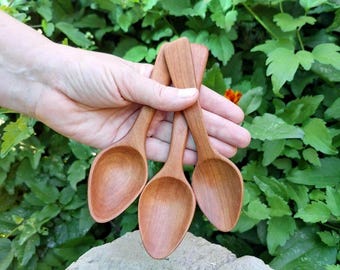 May include: Three small, smooth, light brown wooden spoons with rounded bowls and short handles. The spoons feature a natural wood grain pattern and a polished finish, displayed together in a cluster to show their uniform shape and warm color.