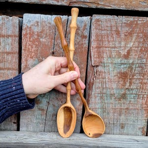 Set of plum carved wooden serving spoons Hand carved wooden spoons Decorative wavy wooden fruit tree spoon