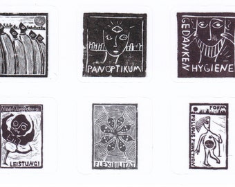 6 stickers | Edition "paradigmenwechsel" | 22 x 22 mm [linoleic print, linolecing, linocut, linoleum pressure, linoleum print]
