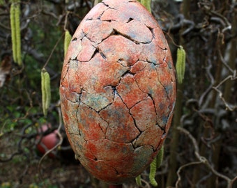 Gartendeko Keramikei Osterei Ostern Oberfläche bunt orange rot und blau frostfest