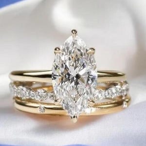 4 CT Marquise Cut Moissanite Engagement Ring Set Bridal Ring Set 14K Gold Wedding Ring Set Marquise Trio Band Ring Set Anniversary Ring Set