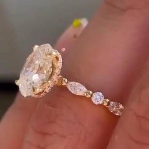 Oval Cut Moissanite Engagement Ring, Side Stone Marquise With Round Hidden Halo Wedding Ring, Art Deco Promise Travel Ring, Anniversary Gift