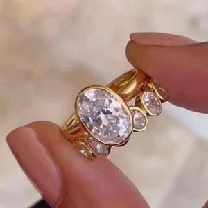 2.10Ct Oval Cut Bezel Set Moissanite Bridal Ring Set, 14k Yellow Gold Oval Cut Solitaire Ring, Bezel Set Oval Eternity Matching Wedding Set