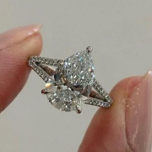 Solid Gold 3 Carat Pear Shaped Moissanite Ring Pave Split Shank Engagement Ring Teardrop Moissanite Ring Promise Ring Bridal Gift For Her
