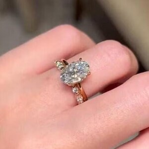 3 Ct Oval Cut Moissanite Wedding Ring Set, Art Deco Matching Bands, 14k Gold Ring For Women Set, Moissanite Engagement Ring Set, Bridal Set