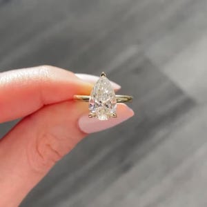 Hidden Halo 2ct Pear Shaped Moissanite Engagement Ring, Plain Band Pear Cut Wedding Ring,  14k Yellow Gold Teardrop Solitaire Diamond Ring