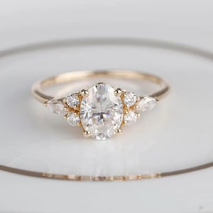 Oval Moissanite engagement ring unique Cluster Yellow gold wedding ring, women Round diamond promise Bridal art deco Anniversary Gift Ring