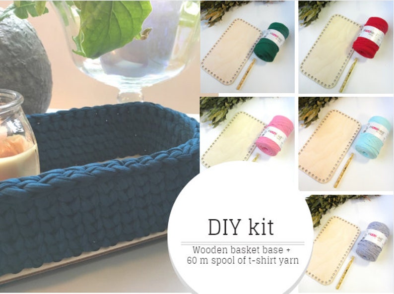 t-shirt yarn and rectangular wooden base for crochet basket 1 pc. choose Your colour DIY kit