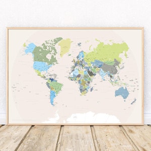 politische Weltkarte 70 x 50 cm - grün-blau - worldmap - Wandkarte - iooplan world color edition 2 - künstlerische Kartografie - Poster