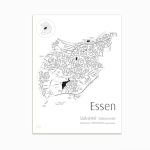 Essen Kieze Karte, Stadtplan Ausschnitt, s/w, minimalistisch, 30 x 40 cm - Südviertel/Rüttenscheid/Holsterhausen - iooplan mini ed.