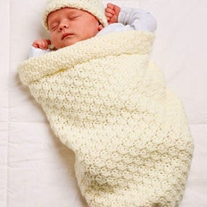 Baby Cocoon Bunting Sleeping Bag & Hat 0-3 mths ~Easy Aran Crochet Pattern
