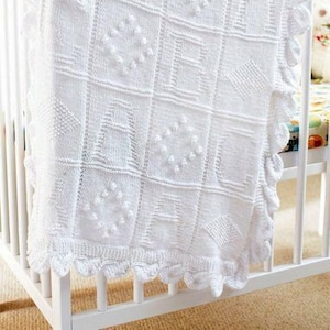 Baby Blanket ~ ABC & Diamond Motif Squares ~ Leaf Edge DK ~ Knitting Pattern