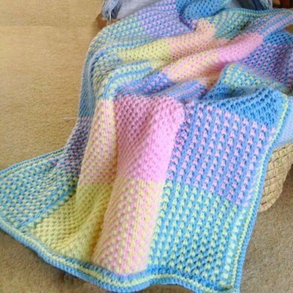 Coloured Baby Cot Blanket Knit in Strips Aran / DK Knitting Pattern