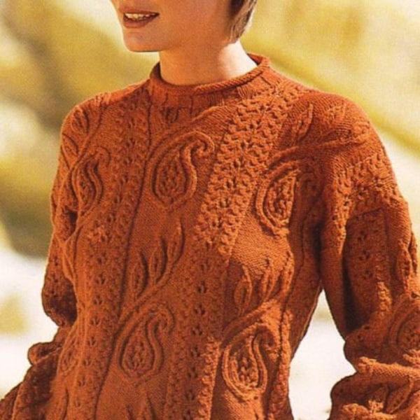 Super Funky Ladies Paisley Pattern & Leaf Aran Style Sweater Knitting Pattern 32" - 46" DK