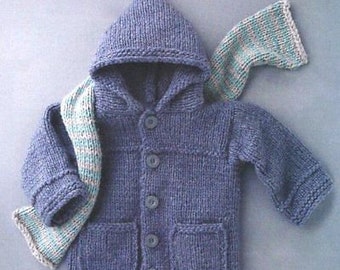 May include: A blue knitted hooded jacket with a matching striped scarf. The jacket has a button closure and two pockets.