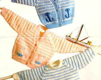 May include: Three striped baby sweaters with different designs. The sweaters are blue and white, pink and white, and white and blue. The sweaters have different nautical designs, including anchors and sailboats. Baby Double Knittings 40-50 cms (16-20 ins)