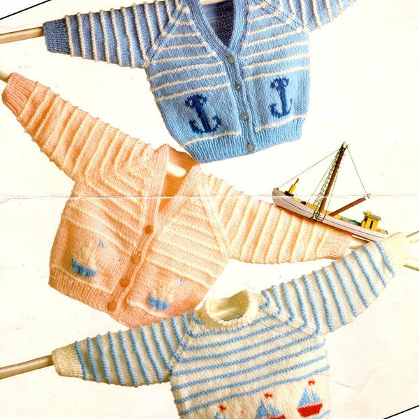 Nautical Boat Anchor Motif Baby Cardigans & Sweater 16 - 20" DK Knitting Pattern