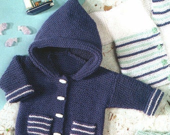 May include: A blue knitted baby cardigan with a hood, white stripes, and button closures. The cardigan has two pockets with white stripes.