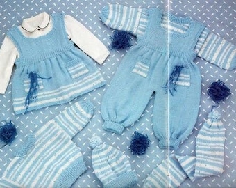 CUTE Baby Knitting Pattern Sweater Pinafore Dungarees Hat Scarf 16" - 22 DK