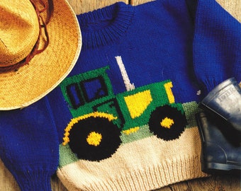 ADORABLE Tractor Granja Suéter Bebé Niños Tejer Patrón Aran Lana 22" -28"