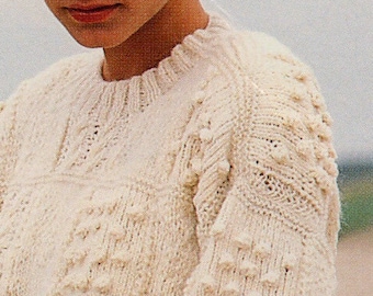 Wzór na robótkę na drutach dla kobiet Patchworkowy sweter z warkoczami i pomponami DK 32" - 42" Wzór do natychmiastowego pobrania w formacie PDF