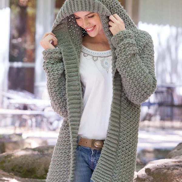 Easy Hooded Sweater Coat CROCHET PATTERN Women Beginner Chunky Yarn Hoodie Cardigan Sweater Pullover Instant PDF Download