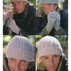 May include: Four different men's hats in a collage. The hats are all knitted and have a variety of textures. The hats are all in a light grey colour.
