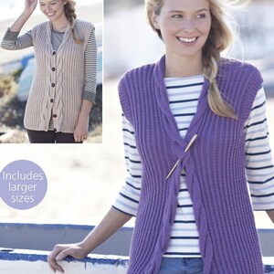 May include: Two women wearing sleeveless knitted vests. The vest on the left is beige with a cable knit pattern and buttons. The vest on the right is purple with a ribbed knit pattern and a tie detail at the neck.  Includes larger sizes.