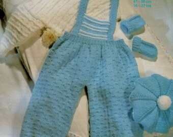 Baby Dungaree Set ~ Suéter Sombrero Patucos Mitts 16" - 22" ~ DK PDF patrón de punto de descarga instantánea