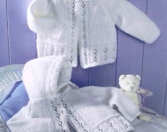 Vintage Lacy Eyelet Baby Matinee Coats Hood Raglan 16"- 22" DK Knitting Pattern